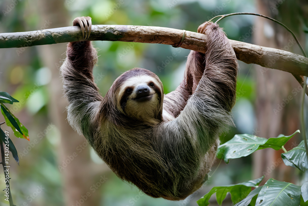 Fototapeta premium Sloth hanging on rainforest branch, gazing amidst lush, blurred greenery