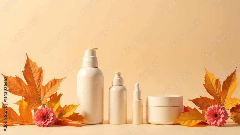 different bottles of cosmetics on a beige background with autumn leaves and flowers different bottles of cosmetics on a beige background with autumn leaves and flowers