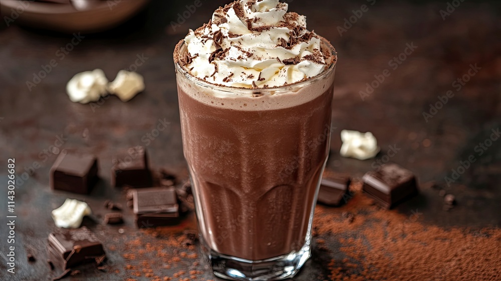 Chocolate milkshake with whipped cream served in glass on table. 