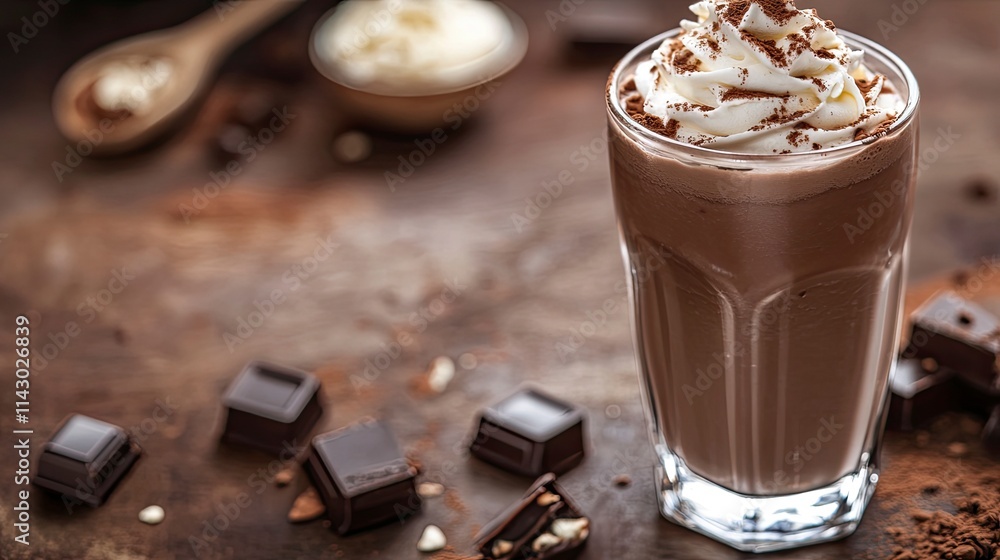 Chocolate milkshake with whipped cream served in glass on table. Chocolate milkshake with whipped cream served in glass on table.