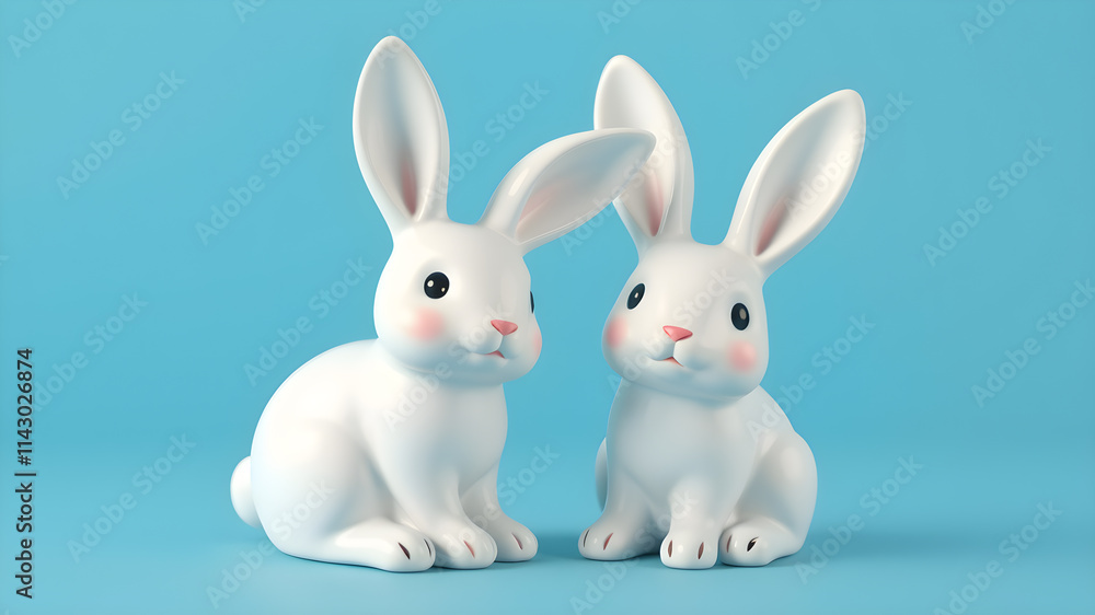 3d illustration of two cute white ceramic rabbit decorations. Animal characters isolated on blue background. Generative AI 3d illustration of two cute white ceramic rabbit decorations. Animal characters isolated on blue background. Generative AI