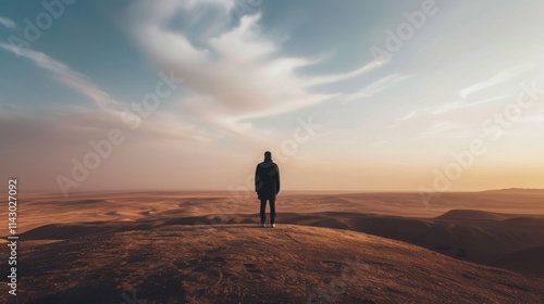 Captivating depiction of a solitary person standing atop a dune, gazing over a vast desert under a soft, dreamy sky. AI generated.