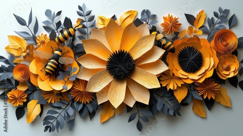 A vibrant 3D paper art composition featuring flowers and bees in shades of yellow and gray, highlighting intricate design and craftsmanship.