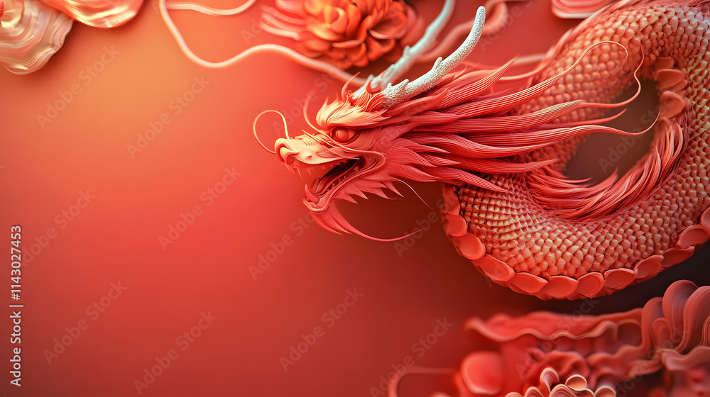3D rendered images of Chinese and Japanese style red dragons. Has a pastel colored background. For various designs or festivals such as New Year, carnival, abstract. 3D rendered images of Chinese and Japanese style red dragons. Has a pastel colored background. For various designs or festivals such as New Year, carnival, abstract.