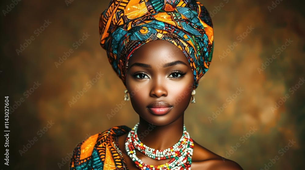 Fototapeta premium Portrait of african woman in colorful traditional attire with beaded jewelry against warm background