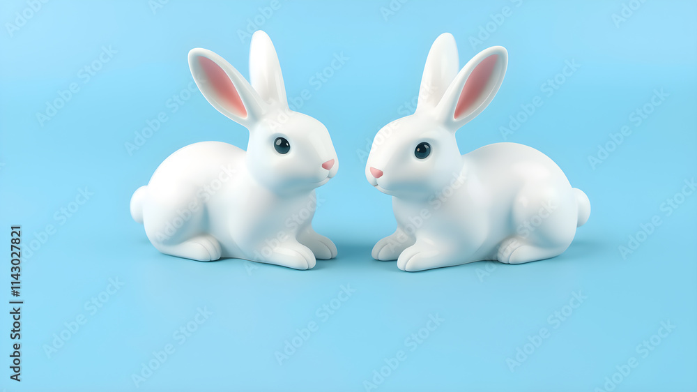 3d illustration of two cute white ceramic rabbit decorations. Animal characters isolated on blue background. Generative AI 3d illustration of two cute white ceramic rabbit decorations. Animal characters isolated on blue background. Generative AI