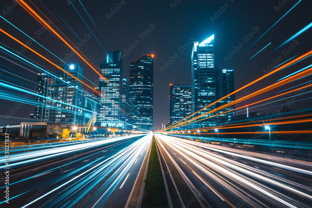 Fototapeta premium Dynamic cityscape at night with glowing skyscrapers and light trails