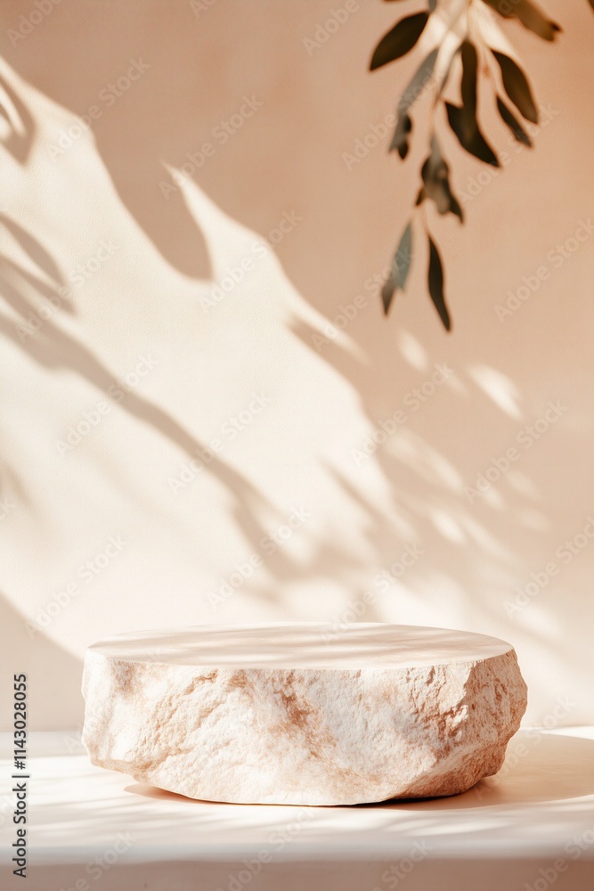 product mockup natural stones with a flat top serving as podiums in a minimalist setting, sun and shadows product mockup natural stones with a flat top serving as podiums in a minimalist setting, sun and shadows