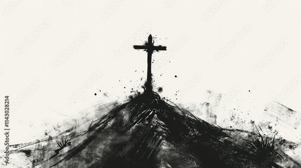 A black and white cross on top of a hill A black and white cross on top of a hill