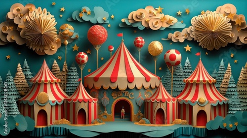 A vibrant 3D depiction of a circus made from colorful paper, featuring striped tents, balloons, and stars against a teal background.