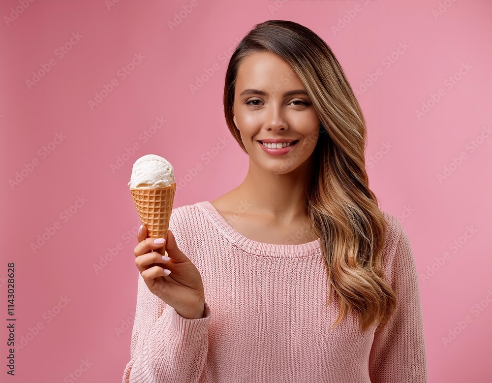 Young woman holding an ice cream isolated on pink background Young woman holding an ice cream isolated on pink background