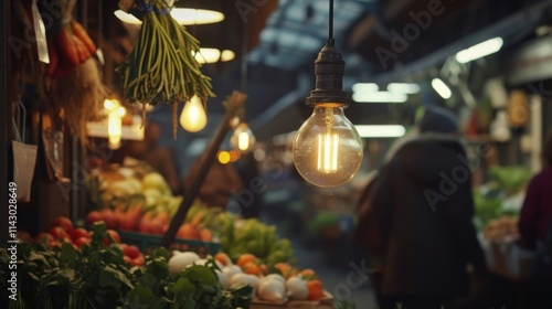 A cozy vegetable market scene with fresh produce displayed under glowing hanging bulbs, creating a warm, inviting atmosphere. AI generated.