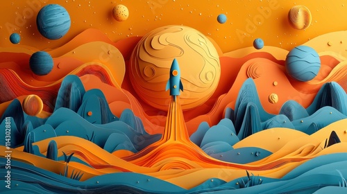 This vibrant 3D paper art depicts a rocket launching towards a stylized planet, surrounded by abstract colorful landscapes and planets. The art conveys creativity.
