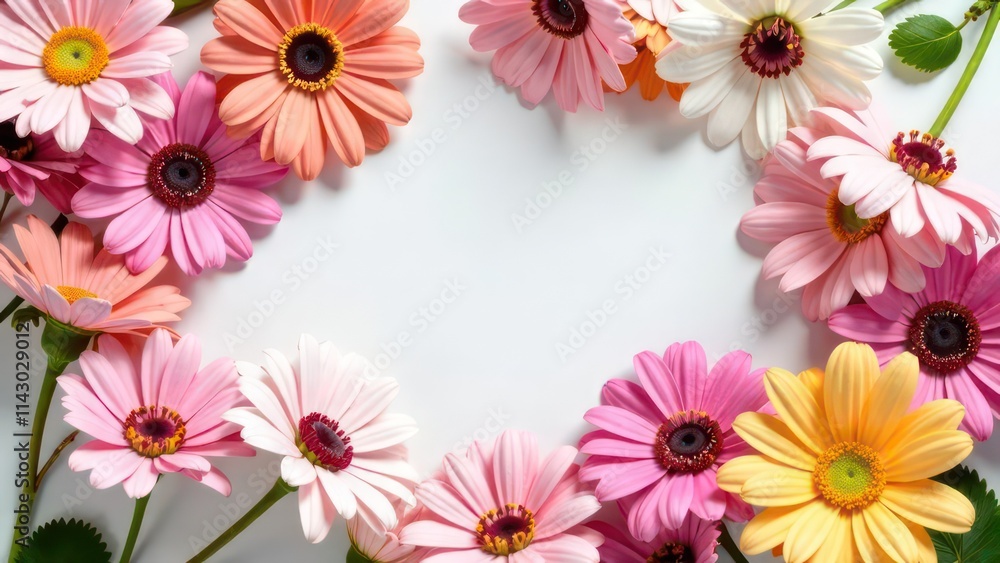 Top down view, many summer flowers, background made of flowers, pastel colors, with space for text Top down view, many summer flowers, background made of flowers, pastel colors, with space for text
