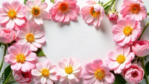 Top down view, many summer flowers, background made of flowers, pastel colors, with space for text 