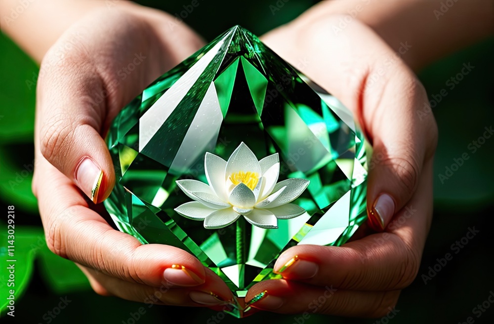 A close-up of hands carefully cradling a green faceted crystal featuring a radiant white lotus flower inside, symbolizing purity, balance, and spiritual connection, set against a soft green background A close-up of hands carefully cradling a green faceted crystal featuring a radiant white lotus flower inside, symbolizing purity, balance, and spiritual connection, set against a soft green background