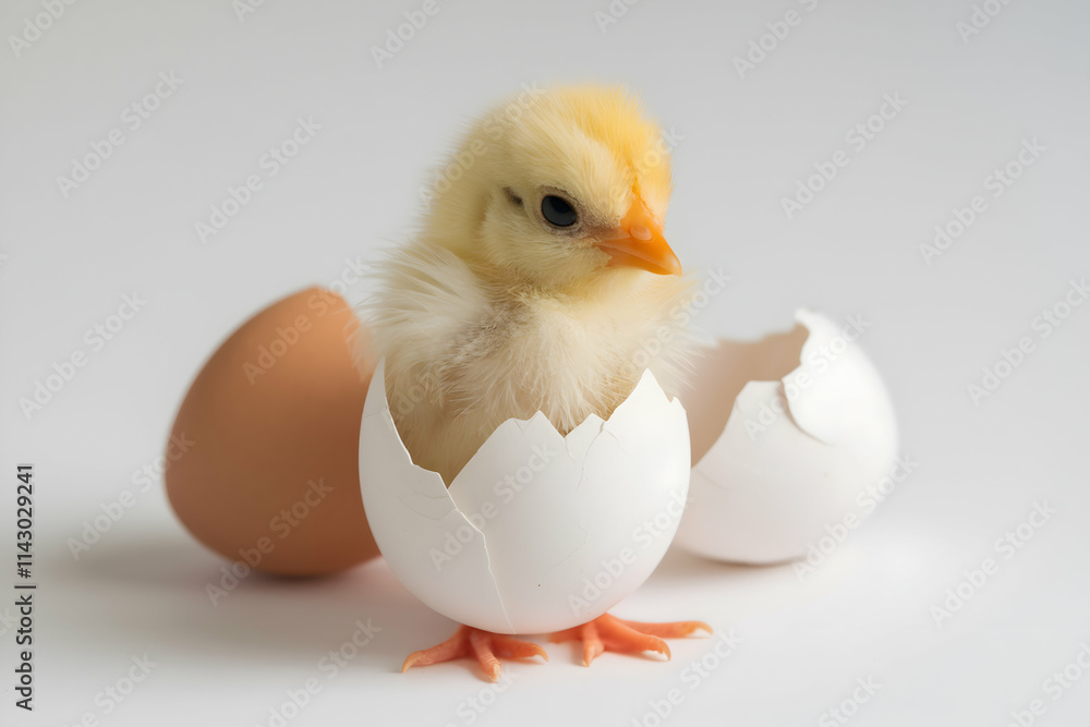 Fluffy yellow chick emerging from cracked eggshell, pure white background Fluffy yellow chick emerging from cracked eggshell, pure white background