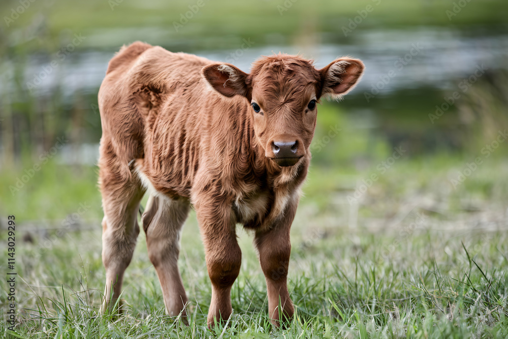 Curious brown calf stands in a grassy field with blurred greenery Curious brown calf stands in a grassy field with blurred greenery