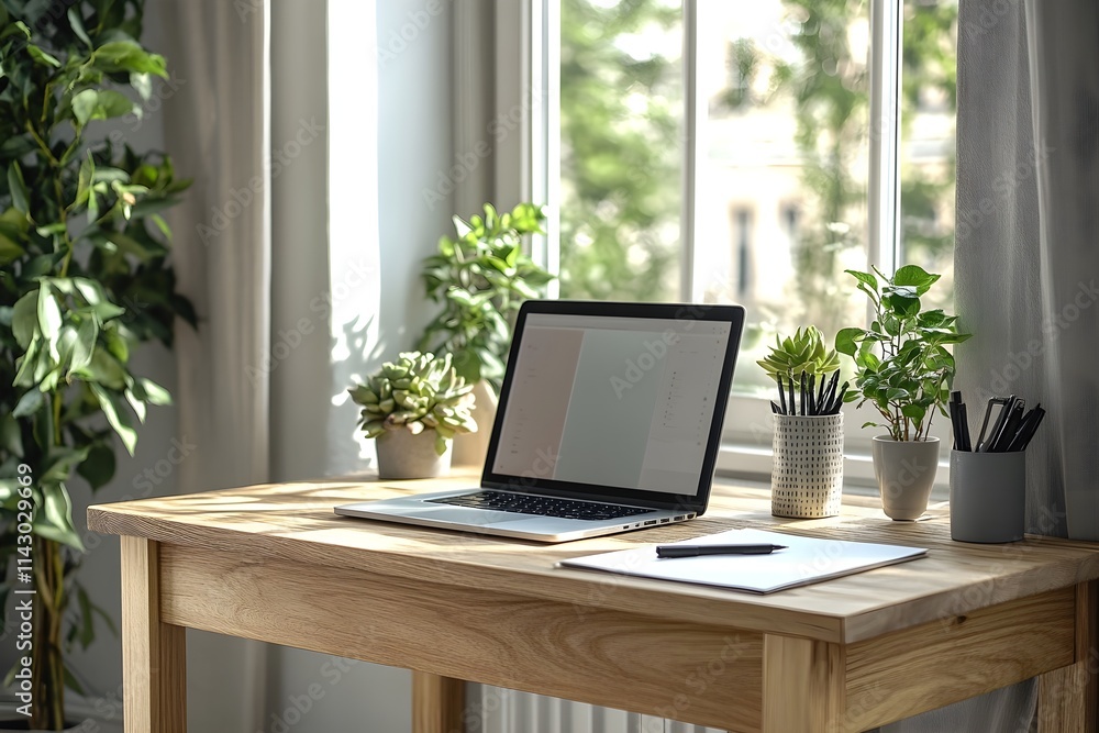 Minimalist workspace for creativity with natural light and greenery - Generative AI Minimalist workspace for creativity with natural light and greenery - Generative AI