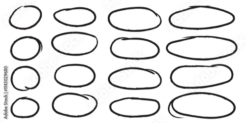 Handdrawn doodle circle highlights. Brush marker pen round ovals. Scribble horizontal ellipse inrounder. Round scrawl frames. Vector illustration of freehand painted circular note