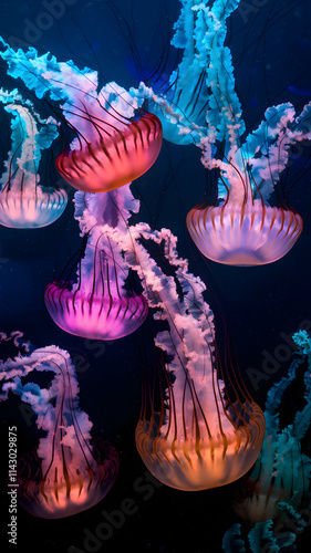 Luminescent jellyfish glow pink, purple, and blue in serene underwater scene Vertical Mobile Wallpaper photo