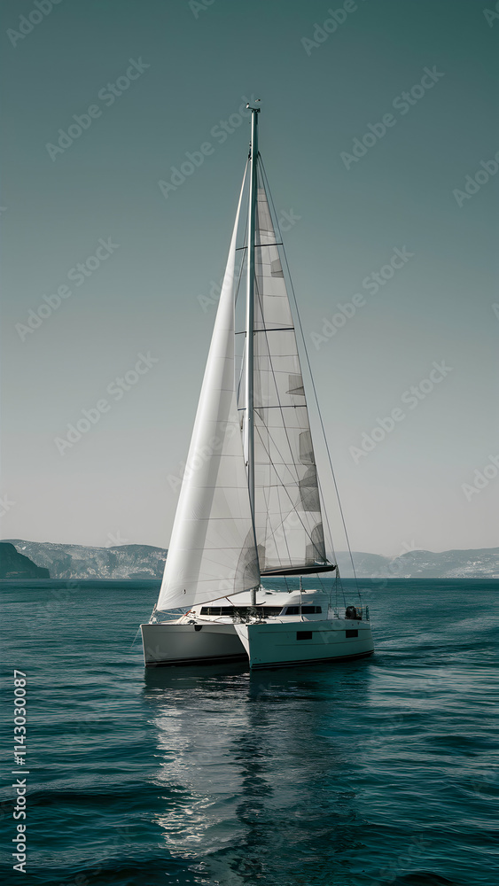 Obraz premium Sailboat glides across reflective blue water beneath a clear sky Vertical Mobile Wallpaper