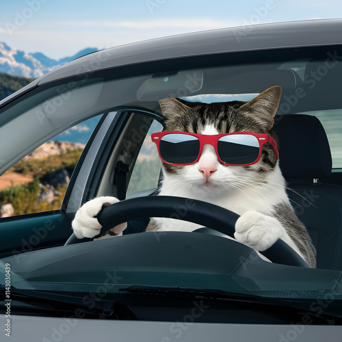 Cat drives car wearing red sunglasses, mountains in scenic backdrop For Social Media Post Size