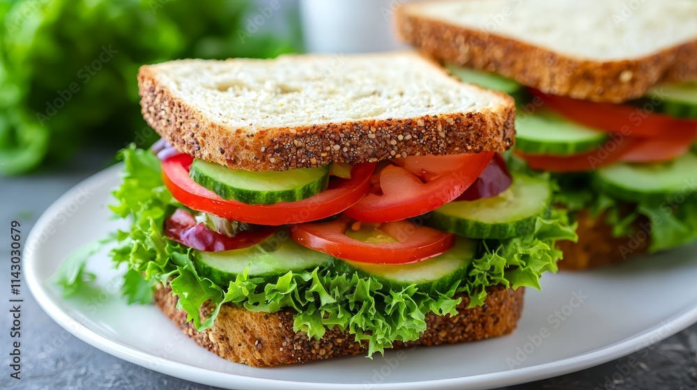A sandwich with lettuce, tomato and cucumber on a white plate A sandwich with lettuce, tomato and cucumber on a white plate