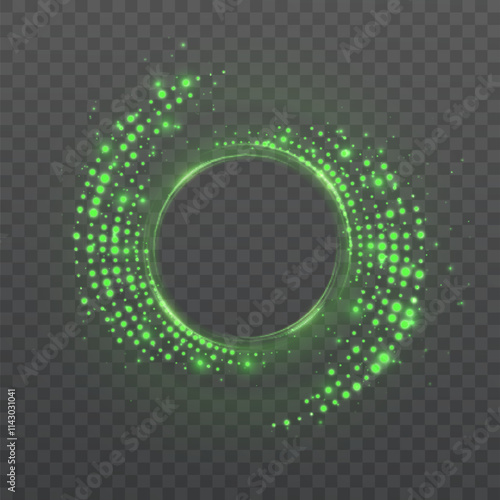 Glow effect for game interface design. Shiny bright green sparkling spiral of flickering dots.