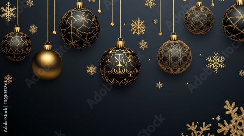 Merry Christmas greeting vector design. Christmas balls hanging with gold, shiny and glossy elements in snowflakes pattern elegant background. Vector illustration holiday season card design.