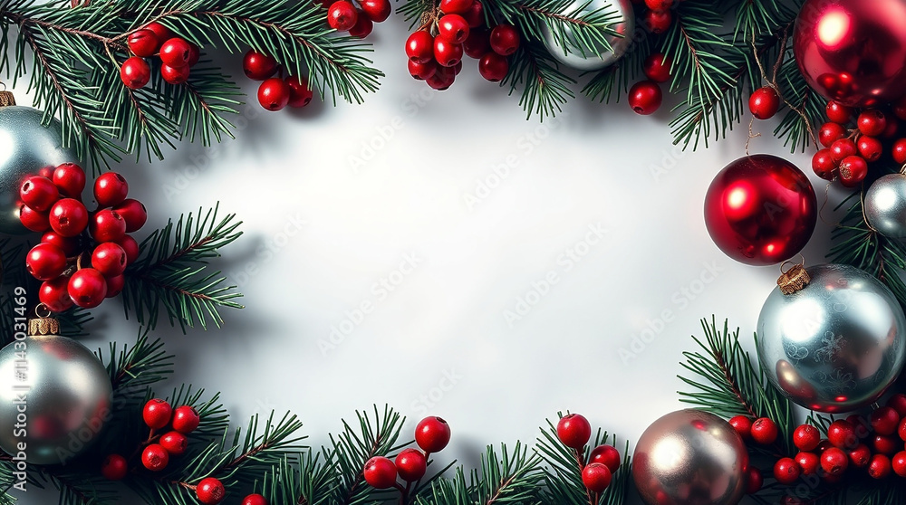 A minimalist holiday border of pine, red berries, and red and white metallic ornaments, iridescent colors, high contrast, low key lighting, deep shadows, dramatic effect, iridescent reflections A minimalist holiday border of pine, red berries, and red and white metallic ornaments, iridescent colors, high contrast, low key lighting, deep shadows, dramatic effect, iridescent reflections