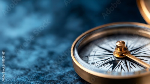 A close up of a compass on a blue background