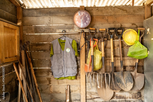 Obraz na płótnie Rustic Gardening Tools and Equipment in Shed w salonie