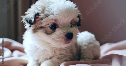 Adorable Fluffy Puppy with Bright Eyes Sitting on a Cozy Blanket in a Warm and Bright Room photo