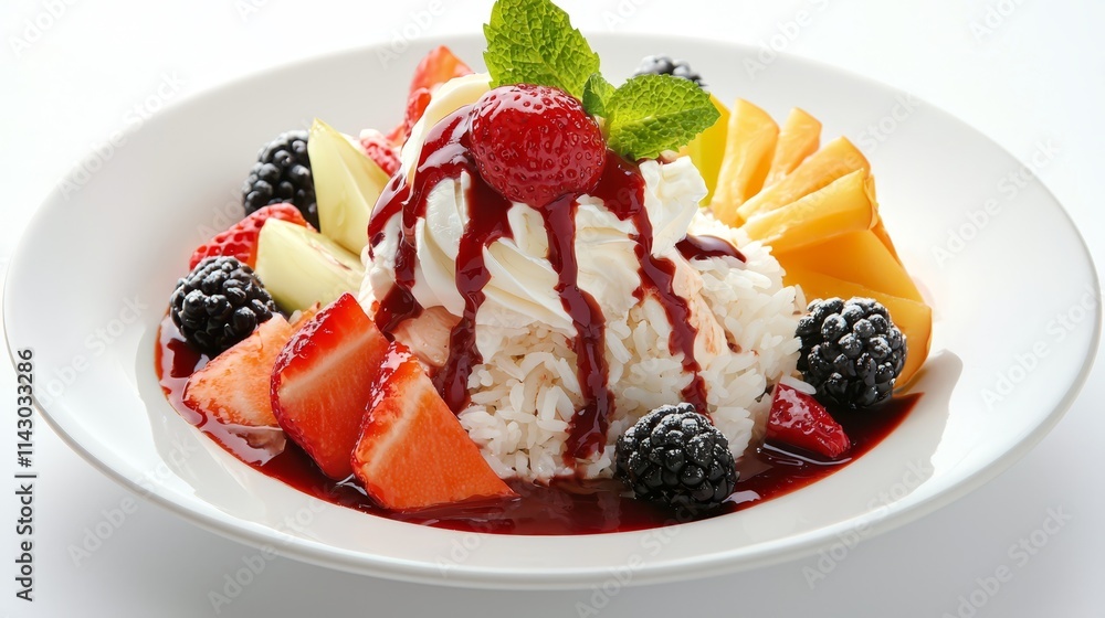 A white plate topped with fruit and ice cream A white plate topped with fruit and ice cream