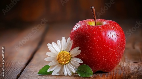 Wallpaper Mural A red apple sitting on top of a wooden table next to a flower Torontodigital.ca