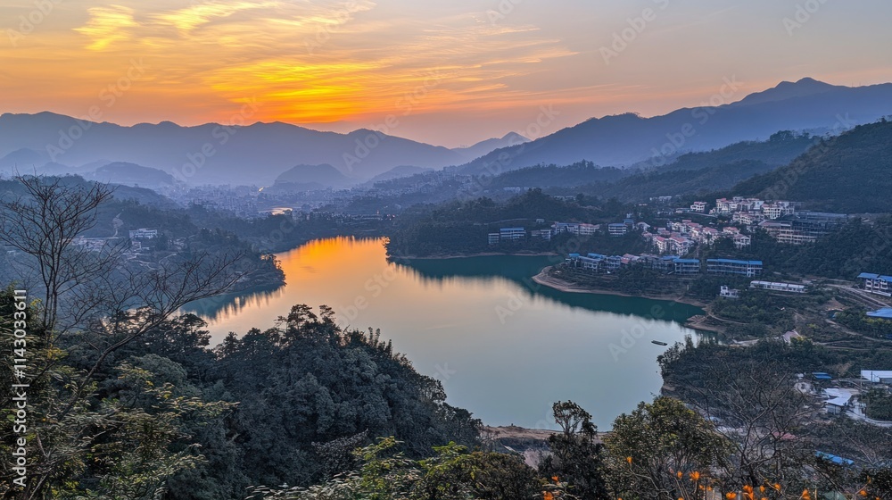 Sunset over serene lake nestled in mountain valley, villages visible. Sunset over serene lake nestled in mountain valley, villages visible.