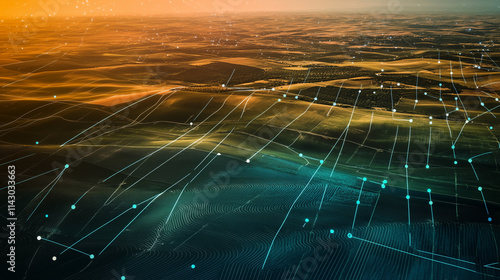 Mapping data points and lines over a satellite image of fields and roads.