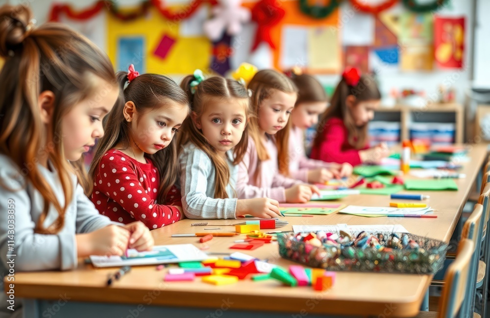Fototapeta premium Young girls participate in Christmas craft workshop. Focused on projects sitting at tables in classroom. Colorful crafting materials like paper, glue, ribbons scattered on tables. Festive decorations