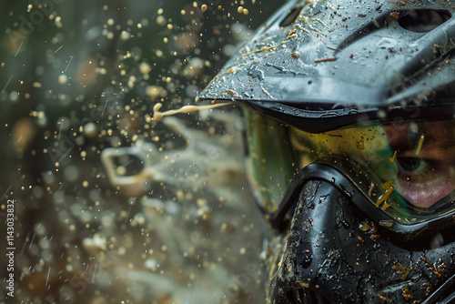 Dynamic paintball player in action with vibrant splashes of color - Generative AI artwork photo