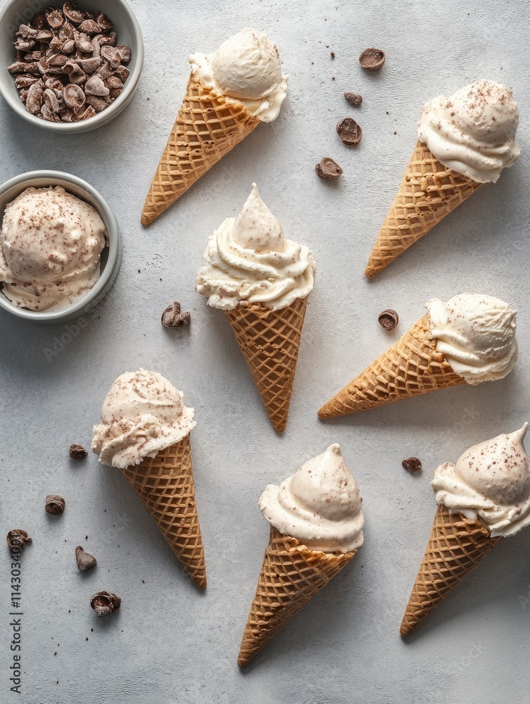 Ice cream cones frame flat lay on light gray table Ice cream cones frame flat lay on light gray table