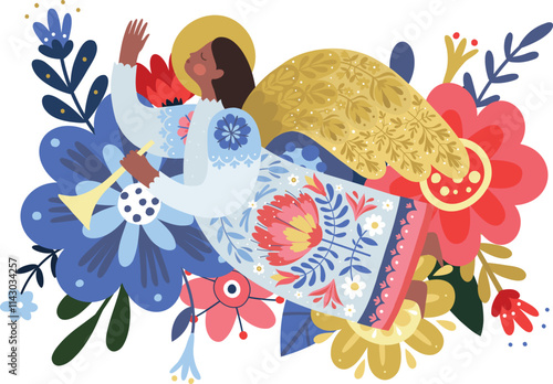 An image of a folk style Christmas Angel with flower ornament on background. Isolated on a white background.
