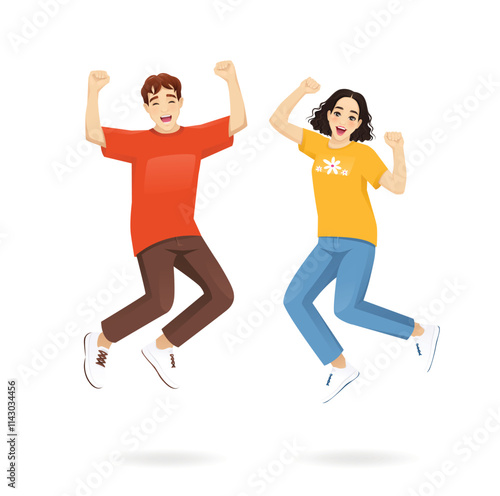 Young happy man and woman in casual style clothes dancing or jumping celebrating. Isolated vector illustration