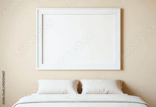 Blank flat poster board with white copy space inside hanging in bedroom above bed with two pillows, front view, flat lay, mock up, minimalist style.