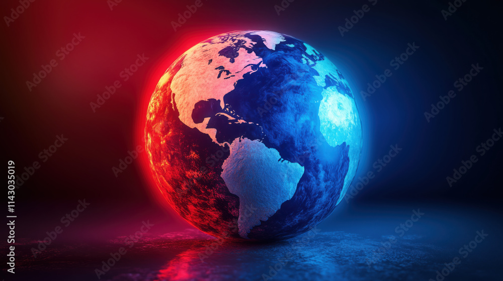 3D Rendering of a Globe Highlighting Temperature Variations with Glowing Red and Blue Zones: A Visualization of Climate Change Effects Across Continents 3D Rendering of a Globe Highlighting Temperature Variations with Glowing Red and Blue Zones: A Visualization of Climate Change Effects Across Continents
