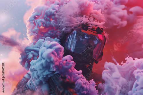 Dynamic paintball player in action with vibrant splashes of color - Generative AI artwork photo