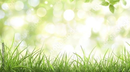a green grass field with leaves and sunlight in the background