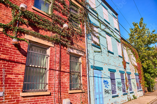 Photography Colorful Brick Facades with Ivy and Graffiti in Urban Cincinnati Street View