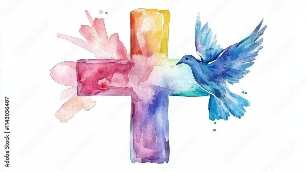 Obraz premium A watercolor painting of a cross with a dove flying above it