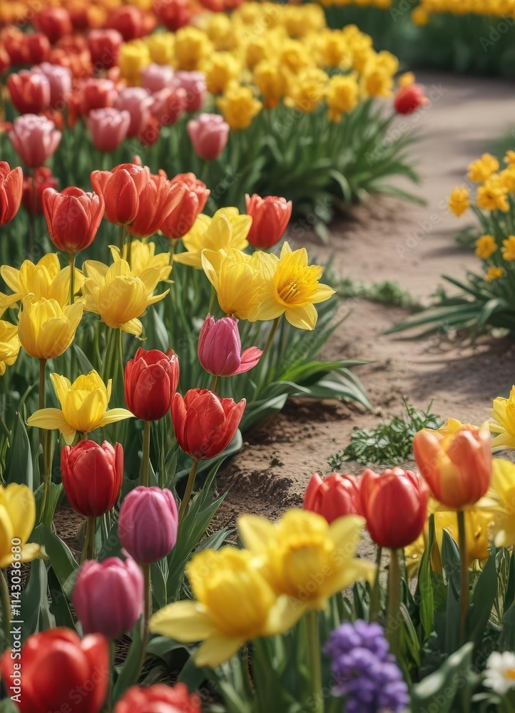Close-up of tulips and daffodils; vibrant colors, soft focus , macro, white